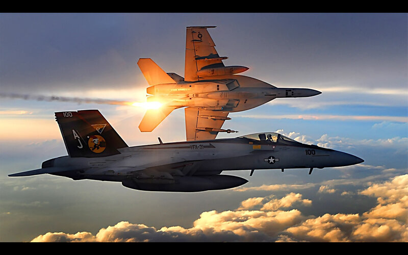 Two Fighter Jets in Flight — Blue, Dramatic, Sunset, Photograph, Jet