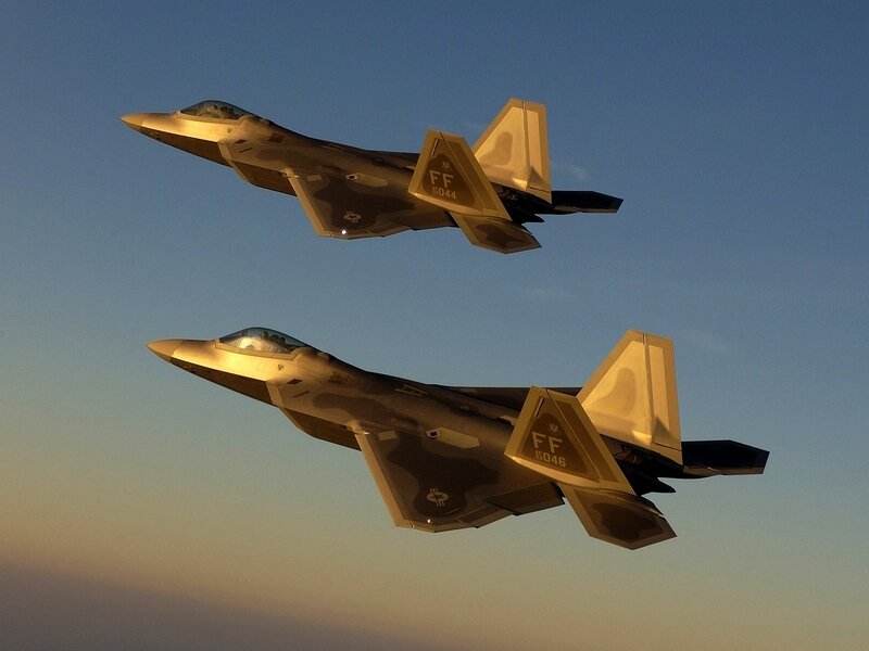 Two Fighter Jets in Flight — Blue, Dramatic, Sunset, Photograph