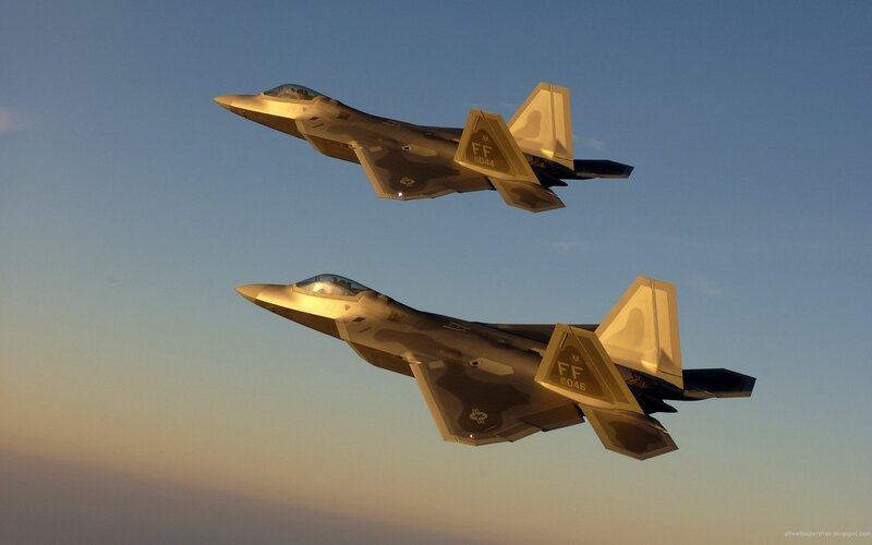 Two Fighter Jets in Flight — Blue, Dramatic, Sunset