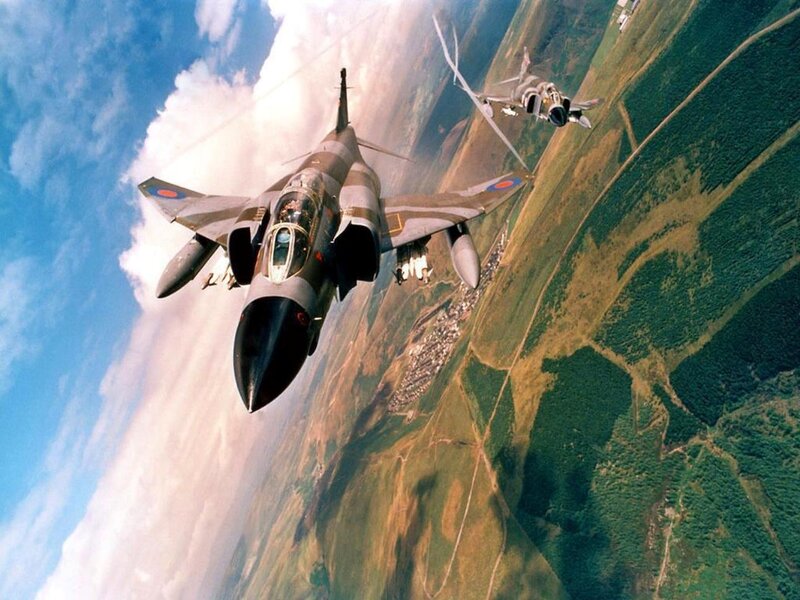 Two Fighter Jets in Flight — Blue, Dynamic, Afternoon, Photograph, Aircraft, Clouds