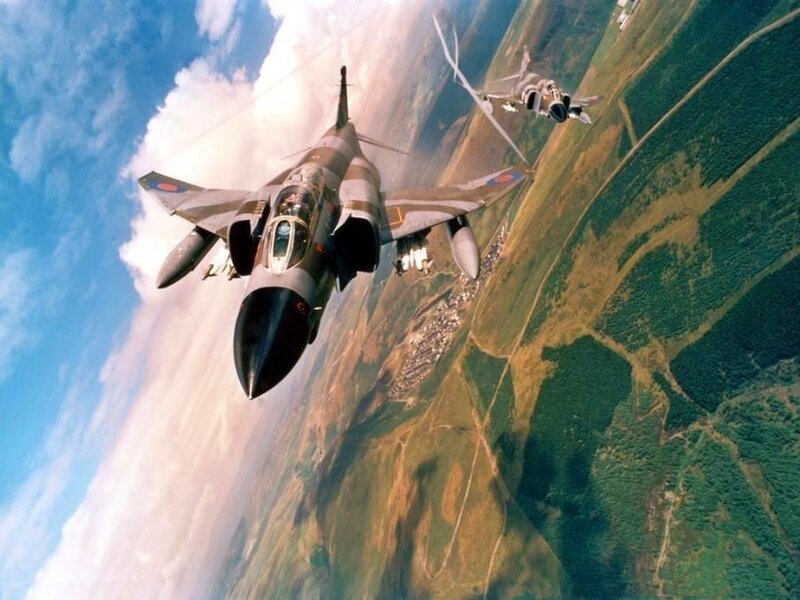 Two Fighter Jets in Flight — Blue, Dynamic, Afternoon, Photograph, Aircraft, Sky, Ground