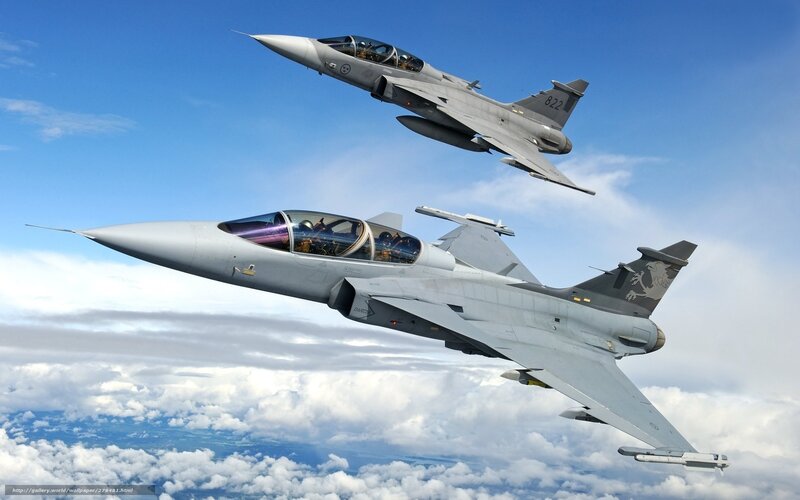 Two Fighter Jets in Flight — Blue, Dynamic, Afternoon, Photograph, Clouds