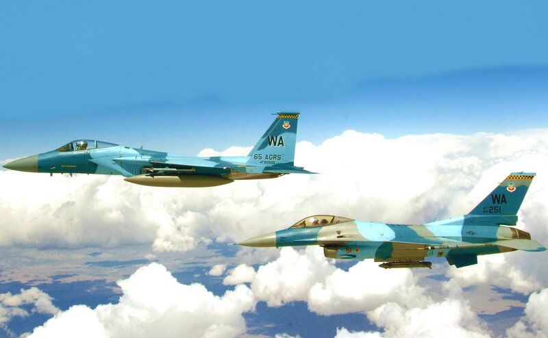 Two Fighter Jets in Flight — Blue, Dynamic, Afternoon, Photograph
