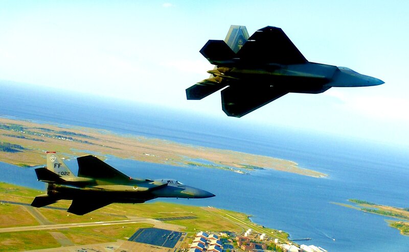 Two Fighter Jets in Flight — Blue, Dynamic, Afternoon