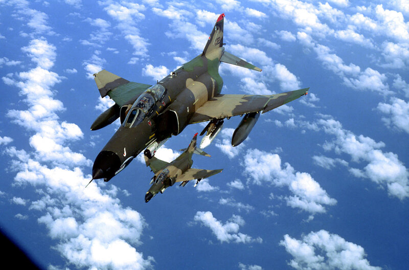 Two Fighter Jets in Flight — Blue, Dynamic, Photograph, Aircraft