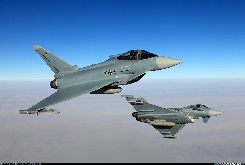 Two Fighter Jets in Flight — Blue, Serene, Photograph
