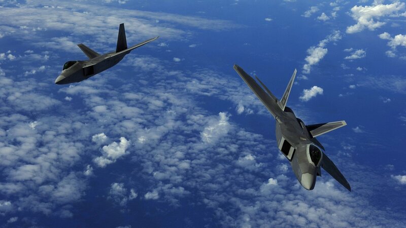 Two Fighter Jets in Flight — Blue, Serene