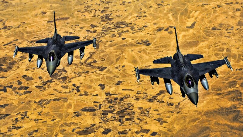 Two Fighter Jets in Flight — Brown