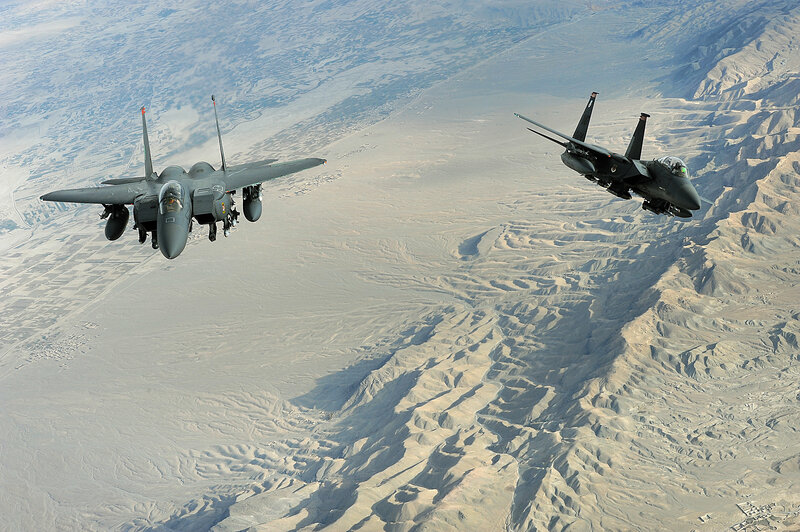Two Fighter Jets in Flight — Gray, Aerial, Afternoon, Photograph, Aircraft, Desert