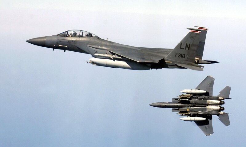 Two Fighter Jets in Flight — Gray, Aerial, Afternoon, Photograph, Aircraft, Missiles