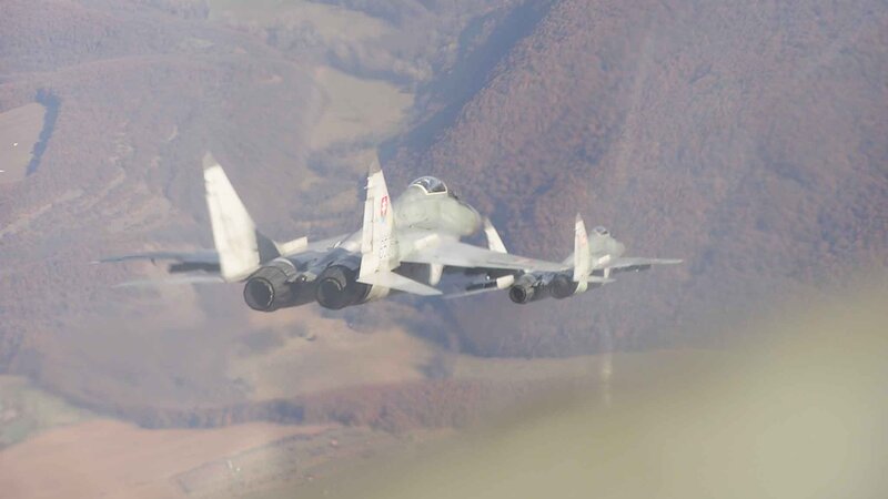 Two Fighter Jets in Flight — Gray, Aerial, Afternoon, Photograph, Aircraft, Mountains