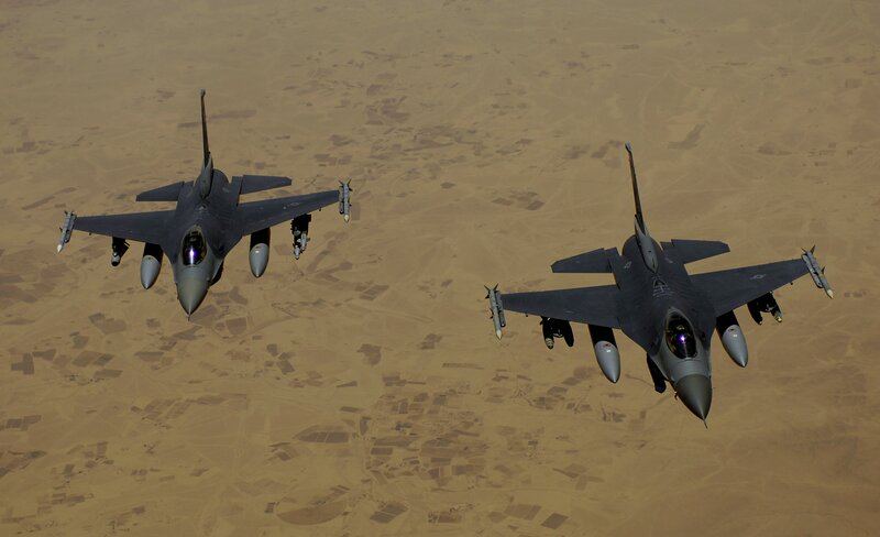 Two Fighter Jets in Flight — Gray, Aerial, Photograph, Aircraft, Desert, Weapons
