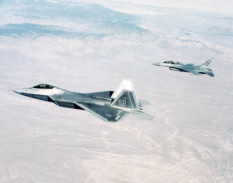 Two Fighter Jets in Flight — Gray, Aerial, Photograph, Aircraft, Mountains