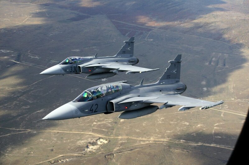 Two Fighter Jets in Flight — Gray, Aerial, Photograph, Aircraft, Sky, Ground