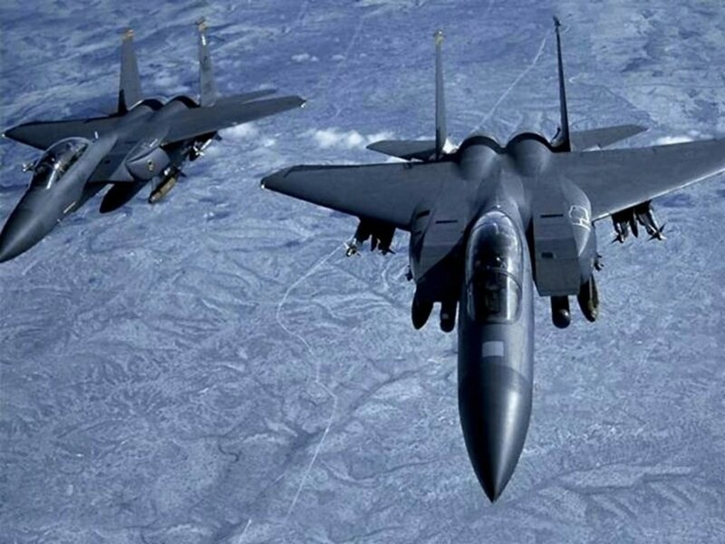 Two Fighter Jets in Flight — Gray, Aerial, Photograph