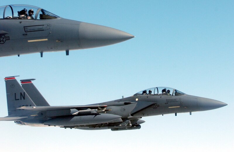 Two Fighter Jets in Flight — Gray, Calm, Afternoon, Photograph, Aircraft, Pilots