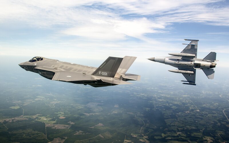 Two Fighter Jets in Flight — Gray, Calm, Afternoon, Photograph, Aircraft, Sky