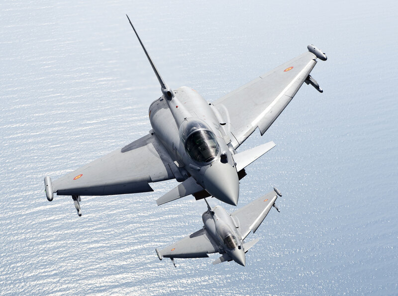 Two Fighter Jets in Flight — Gray, Calm, Afternoon, Photograph, Aircraft