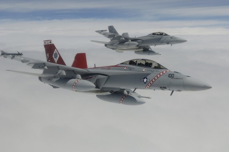 Two Fighter Jets in Flight — Gray, Calm, Photograph, Aircraft