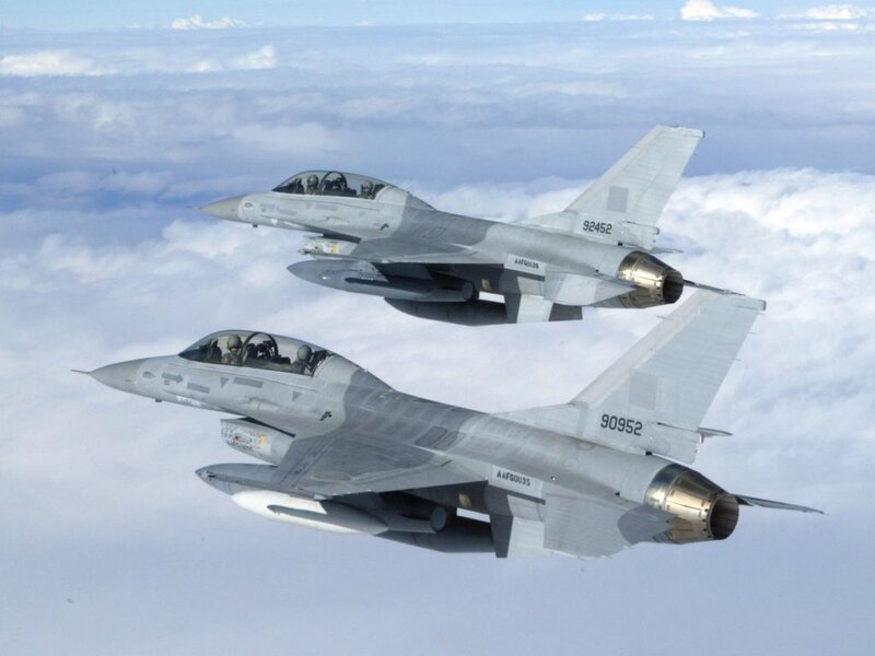 Two Fighter Jets in Flight — Gray, Calm, Photograph, Clouds