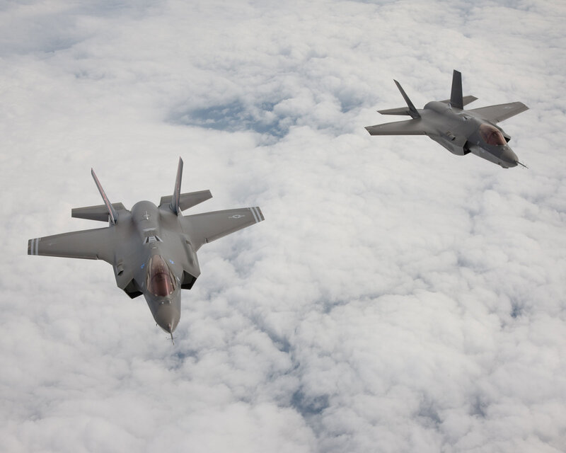 Two Fighter Jets in Flight — Gray, Calm, Photograph