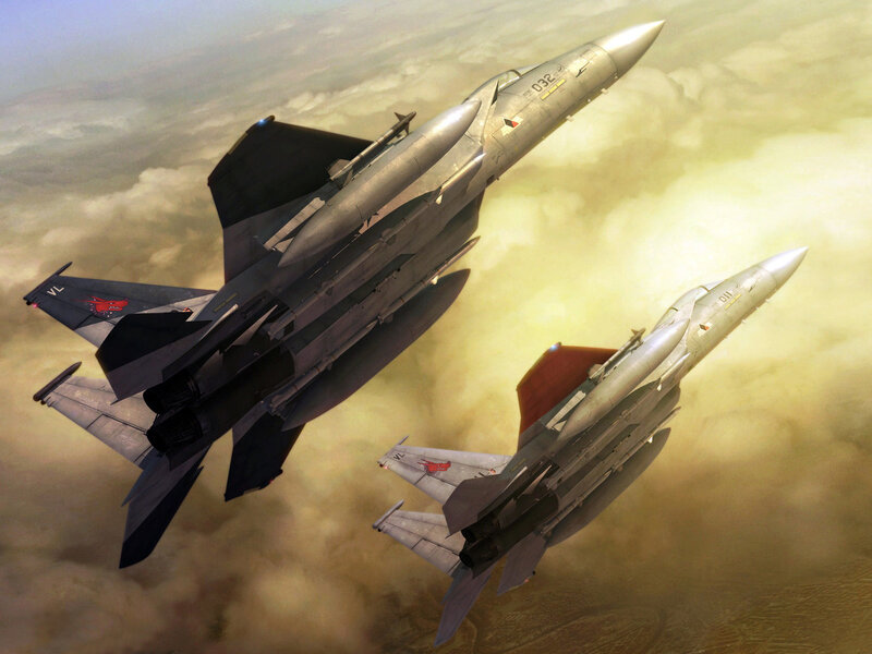 Two Fighter Jets in Flight — Gray, Dramatic, Afternoon, Digital Art, Clouds, Missiles