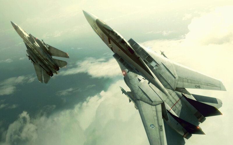 Two Fighter Jets in Flight — Gray, Dramatic, Afternoon, Digital Art, Clouds
