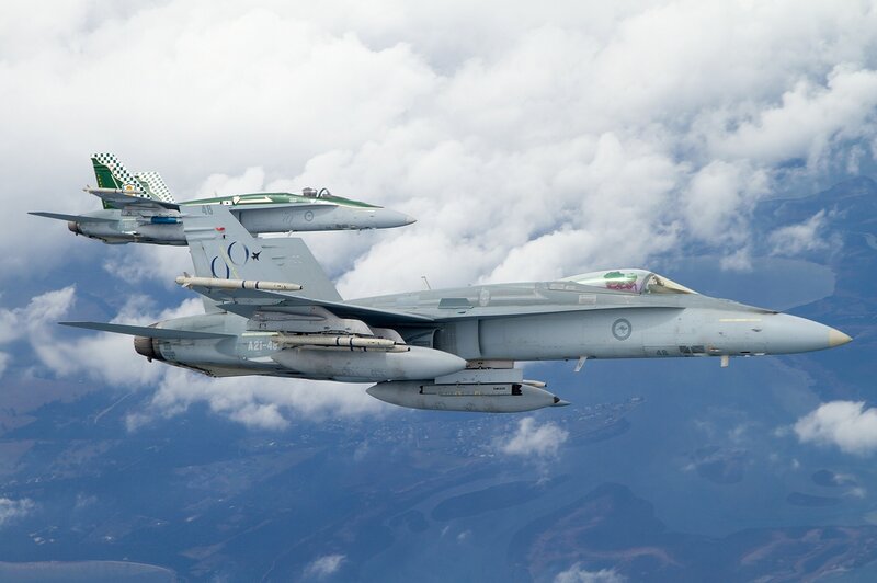 Two Fighter Jets in Flight — Gray, Dramatic, Afternoon, Photograph, Aircraft, Clouds, Sky