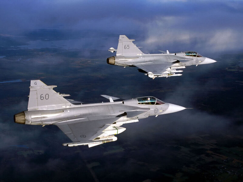 Two Fighter Jets in Flight — Gray, Dramatic, Afternoon, Photograph, Aircraft, Clouds