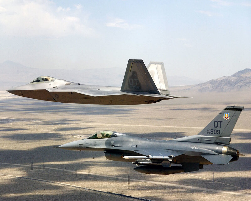 Two Fighter Jets in Flight — Gray, Dramatic, Afternoon, Photograph, Aircraft, Desert, Mountains, Brown