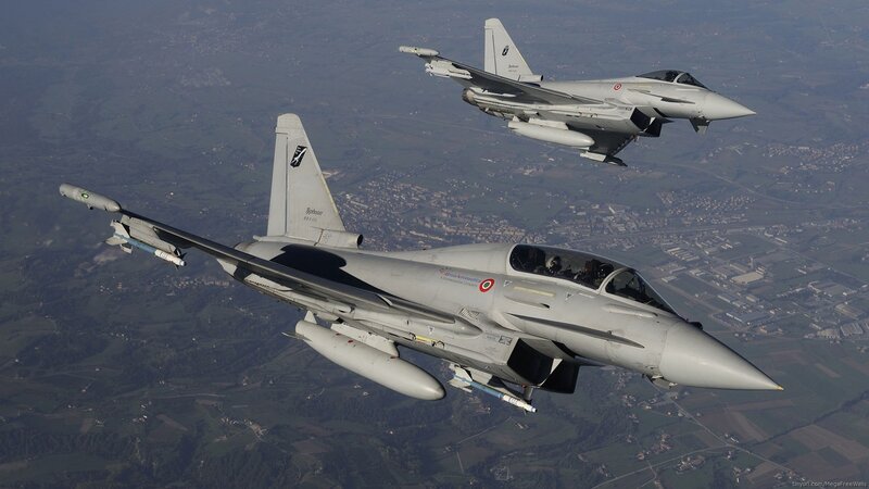 Two Fighter Jets in Flight — Gray, Dramatic, Afternoon, Photograph, Aircraft, Missiles