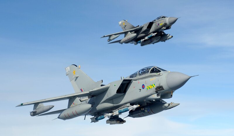 Two Fighter Jets in Flight — Gray, Dramatic, Afternoon, Photograph, Aircraft, Sky, Missiles