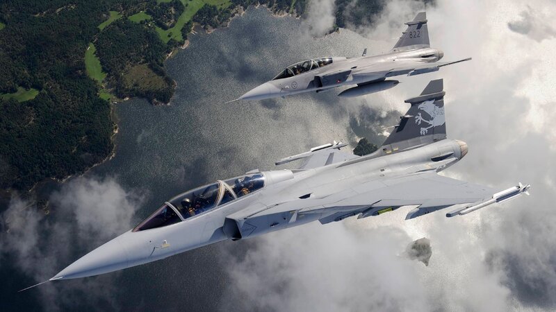 Two Fighter Jets in Flight — Gray, Dramatic, Afternoon, Photograph, Clouds, Lake