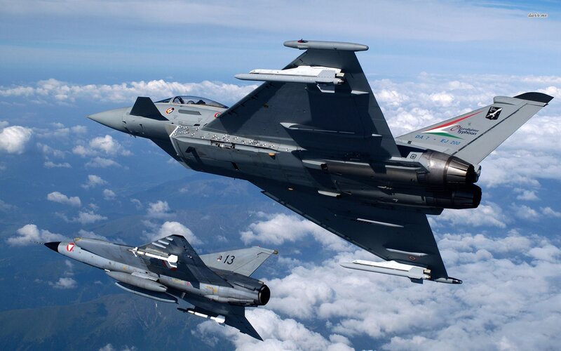 Two Fighter Jets in Flight — Gray, Dramatic, Afternoon, Photograph, Clouds, Mountains