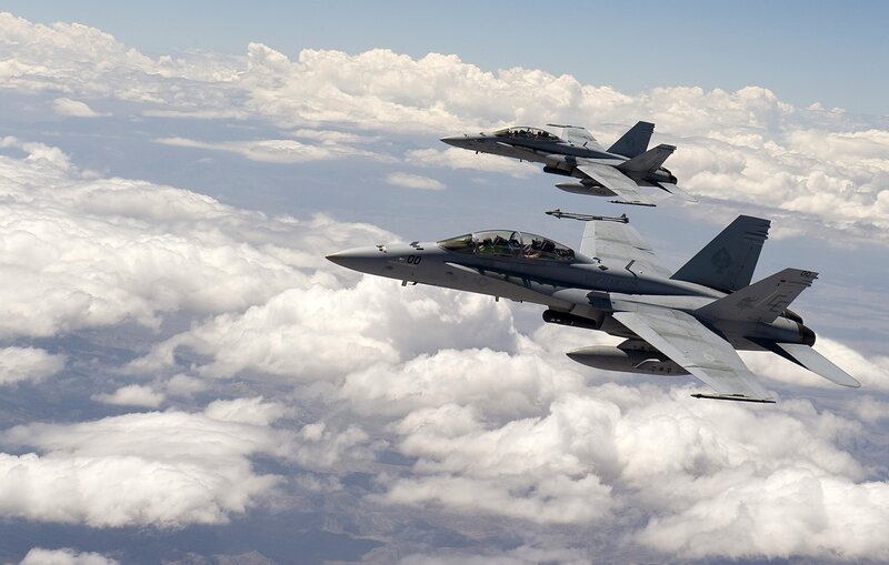 Two Fighter Jets in Flight — Gray, Dramatic, Afternoon, Photograph, Clouds, Sky, Aircraft, White