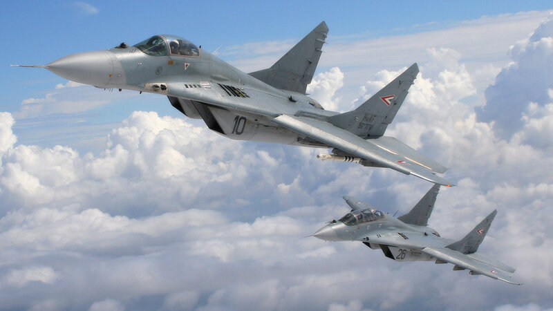 Two Fighter Jets in Flight — Gray, Dramatic, Afternoon, Photograph, Clouds