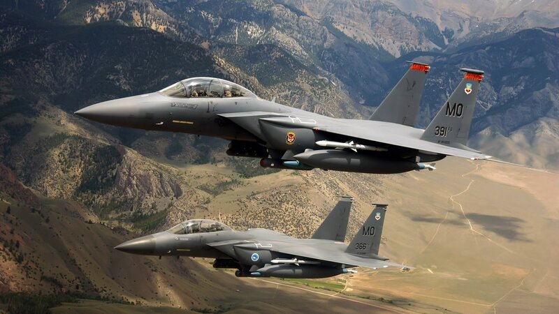 Two Fighter Jets in Flight — Gray, Dramatic, Afternoon, Photograph, Mountains, Aircraft, Valley, Brown