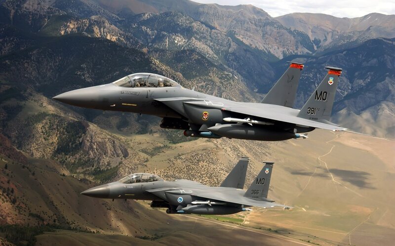 Two Fighter Jets in Flight — Gray, Dramatic, Afternoon, Photograph, Mountains