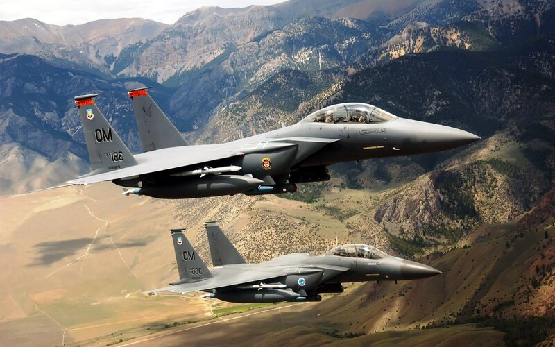Two Fighter Jets in Flight — Gray, Dramatic, Afternoon, Photograph