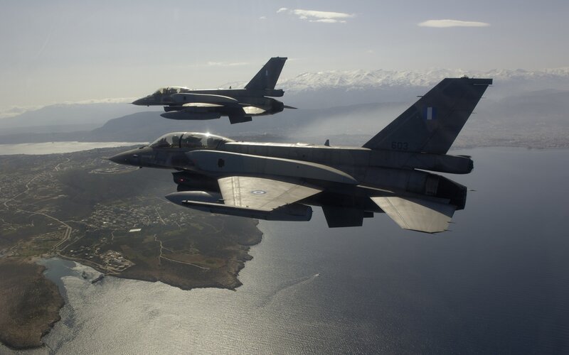Two Fighter Jets in Flight — Gray, Dramatic, Afternoon