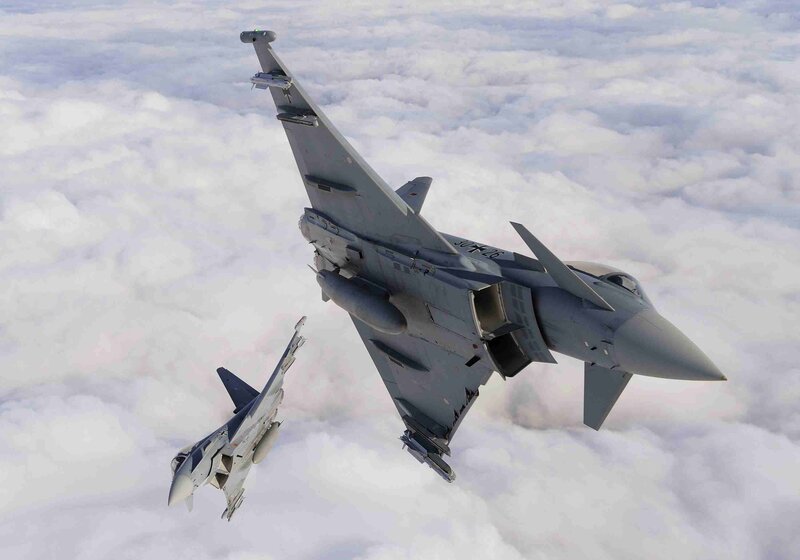 Two Fighter Jets in Flight — Gray, Dramatic, Photograph, Aircraft, Clouds, Sky