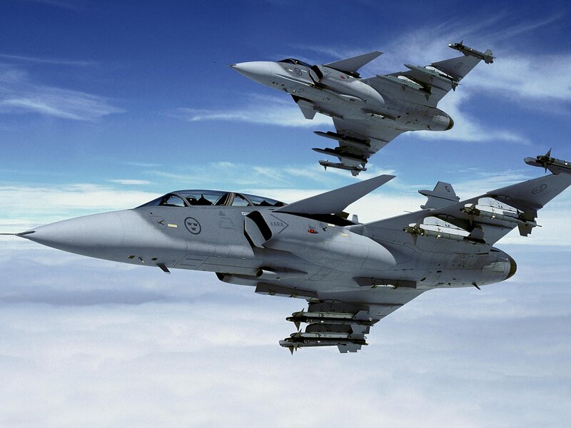 Two Fighter Jets in Flight — Gray, Dramatic, Photograph, Aircraft, Clouds