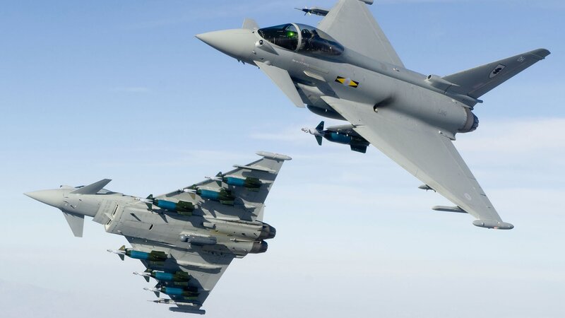 Two Fighter Jets in Flight — Gray, Dramatic, Photograph, Aircraft, Missiles