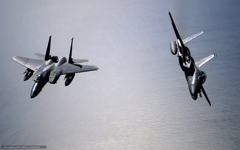 Two Fighter Jets in Flight — Gray, Dramatic, Photograph, Aircraft, Ocean