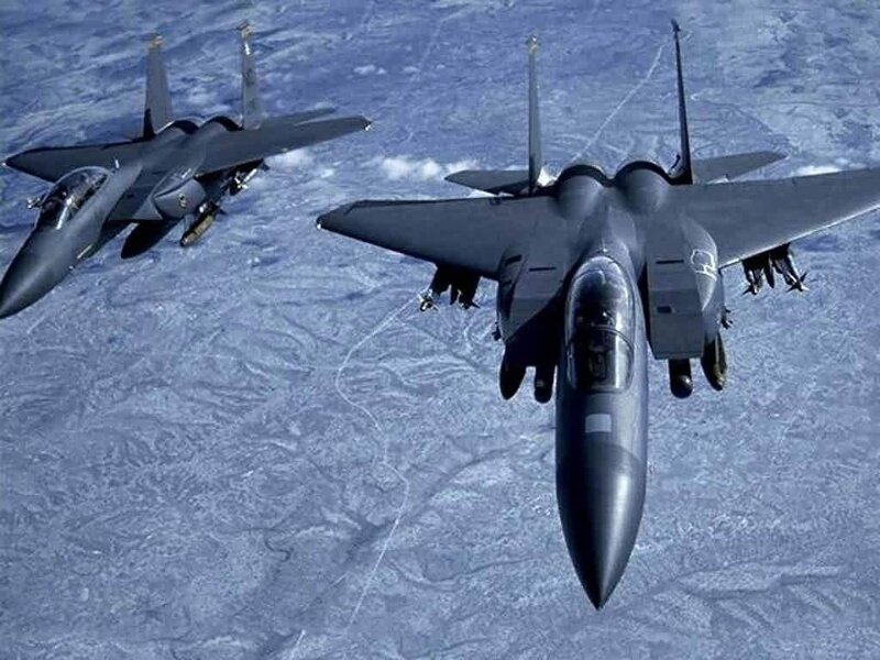 Two Fighter Jets in Flight — Gray, Dramatic, Photograph, Aircraft, Sky, Clouds, Blue