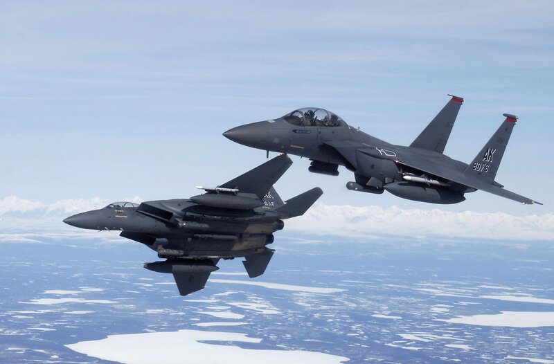 Two Fighter Jets in Flight — Gray, Dramatic, Photograph, Aircraft, Sky, Mountains