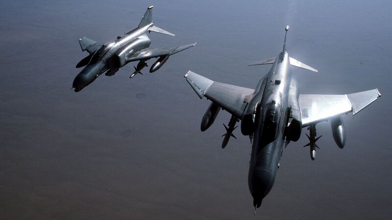Two Fighter Jets in Flight — Gray, Dramatic, Photograph, Aircraft, Sky