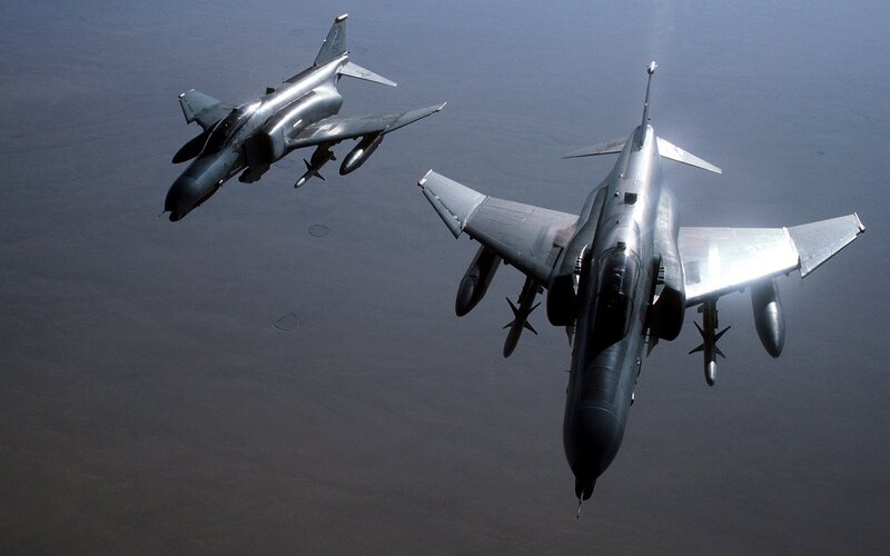 Two Fighter Jets in Flight — Gray, Dramatic, Photograph, Aircraft, Sky, Weapons