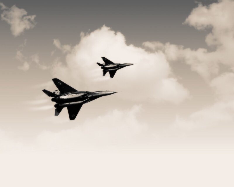 Two Fighter Jets in Flight — Gray, Dramatic, Photograph, Clouds, Sky