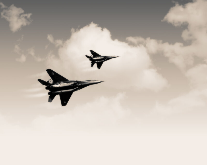 Two Fighter Jets in Flight — Gray, Dramatic, Photograph